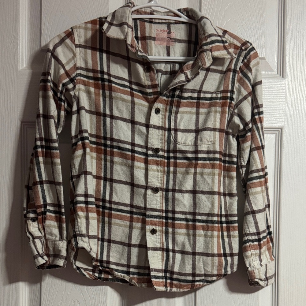 Cat & Jack Plaid Button Down Shirt - Cream and Brown